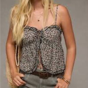 American Eagle Outfitters Black Floral Tie-Front Ruffle Tank